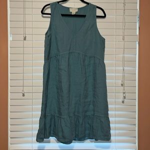 Cynthia Rowley Blue 100% Linen V-NeckLine Tiered Ruffle Mini Dress